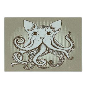 lunarable octopus cutting board, cephalopod cat head illustration vintage style cartoon cat tentacles print, decorative tempered glass cutting and serving board, small size, grey white