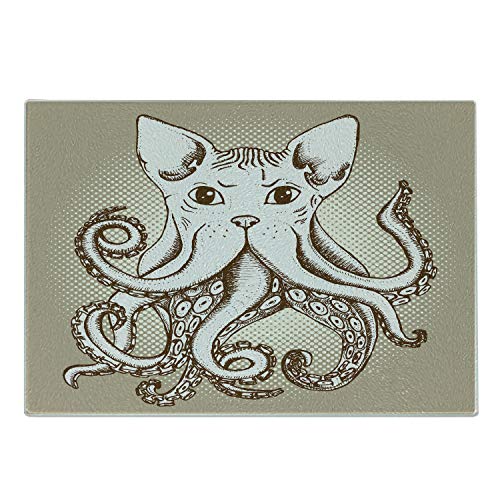 Lunarable Octopus Cutting Board, Cephalopod Cat Head Illustration Vintage Style Cartoon Cat Tentacles Print, Decorative Tempered Glass Cutting and Serving Board, Small Size, Grey White