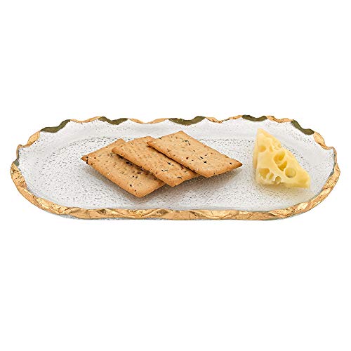 Badash Goldedge Glass Serving Tray - 14" x 8" Hand-Decorated Gold Leaf Chiseled Edge Oval Tray - Food-Safe, Great Snack or Vanity Tray