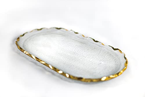 Badash Goldedge Glass Serving Tray - 14" x 8" Hand-Decorated Gold Leaf Chiseled Edge Oval Tray - Food-Safe, Great Snack or Vanity Tray