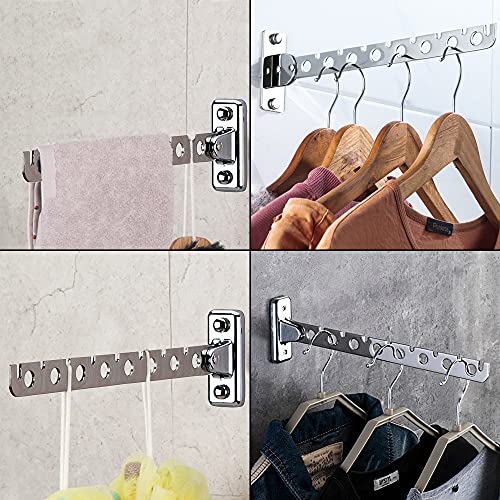 Zivisk 2 Pcs Laundry Hangers Folding Wall Mounted Clothes Hanger Rack with Swing Arm Stainless Steel Heavy Duty Coat Hook for Bathroom, Bedroom, Room (Silver)