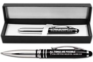 mark 9:23 christian gift pen with engraved bible verse - "all things are possible for one who believes" - religious 3-in-1 scripture prayer pen with led light and stylus