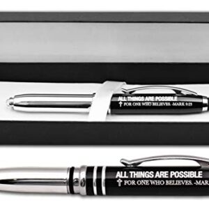 Mark 9:23 Christian Gift Pen with Engraved Bible Verse - "All Things Are Possible for One Who Believes" - Religious 3-in-1 Scripture Prayer Pen with LED Light and Stylus