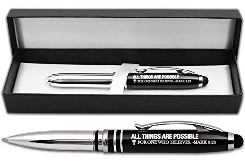 Mark 9:23 Christian Gift Pen with Engraved Bible Verse - "All Things Are Possible for One Who Believes" - Religious 3-in-1 Scripture Prayer Pen with LED Light and Stylus