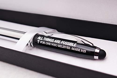 Mark 9:23 Christian Gift Pen with Engraved Bible Verse - "All Things Are Possible for One Who Believes" - Religious 3-in-1 Scripture Prayer Pen with LED Light and Stylus