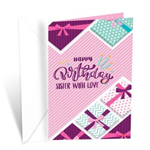 birthday card sister with love, prime greetings, made in america, eco-friendly, thick card stock with premium envelope 5in x 7.75in, packaged in protective mailer
