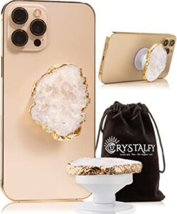 crystalfy crystal phone grip & phone stand: authentic natural gemstone swappable top, expandable collapsible holder for smartphones and tablets (clear druzy)