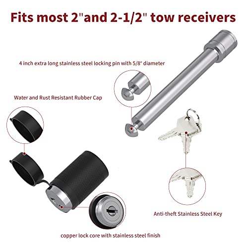 YITAMOTOR 4-Inch Hitch Receiver Pin Lock with 5/8" Diameter, Extra Long Stainless Steel Trailer Hitch Locking Pin, Fits Class III IV 2" & 2-1/2" Receiver, Silver