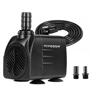 vivosun 480gph submersible pump(1800l/h, 25w), ultra quiet water pump with 7.2ft high lift, fountain pump with 5ft power cord, 3 nozzles for fish tank, aquarium, statuary, hydroponics
