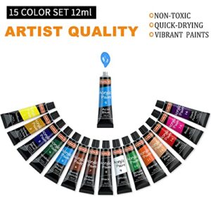 Shuttle Art Acrylic Paint Set, 15 x 12ml Tubes Artist Quality Non Toxic Rich Pigments Colors Perfect for Kids Adults Beginners Artists Painting on Canvas Wood Clay Fabric Ceramic Crafts