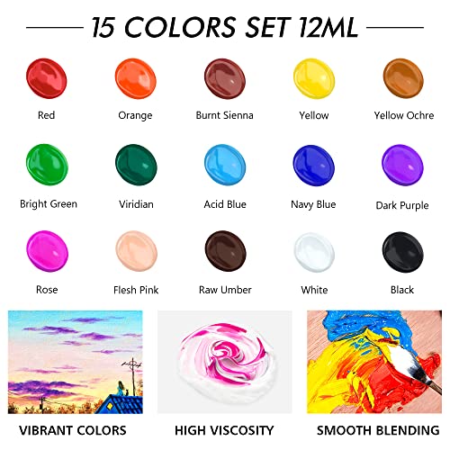 Shuttle Art Acrylic Paint Set, 15 x 12ml Tubes Artist Quality Non Toxic Rich Pigments Colors Perfect for Kids Adults Beginners Artists Painting on Canvas Wood Clay Fabric Ceramic Crafts