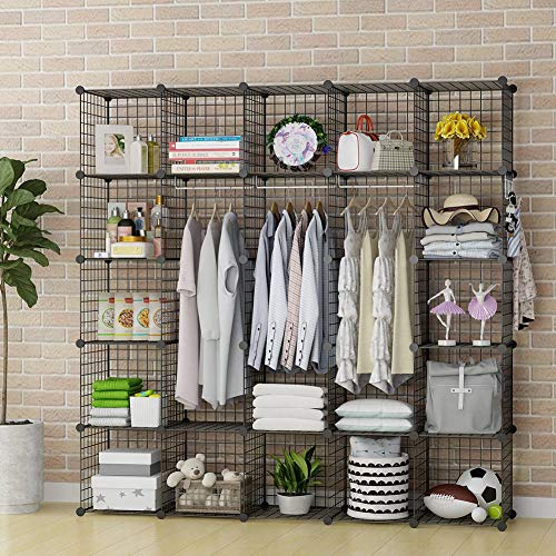 YOZO Wire Cube Storage Metal Closet Wardrobe Room Organizaion armoire Pantry Cabinet Book Shelf Organizer Rack MultiFuncation Cubby Shelving Unit, 25 Cubes, Black