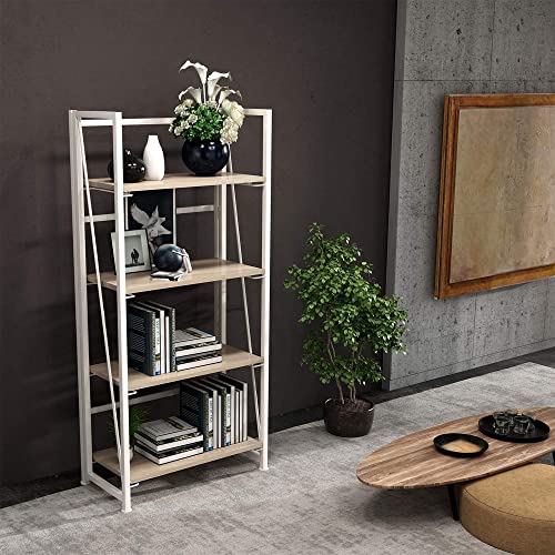 GHQME No-Assembly Folding Bookshelf Storage Shelves 4 Tiers Vintage Multifunctional Plant Flower Stand Storage Rack Shelves Bookcase for Home Office (White)