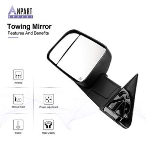 ANPART Towing Mirrors Fit for 1998-2002 FOR DODGE For Ram For 1500 Ram For 2500 Ram For 3500 Truck Tow Mirrors With A Pair LH and RH Side Power Regulation with Heating No Turn Signal Lamp