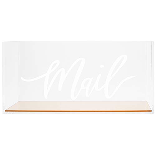 MyGift Clear Acrylic Tabletop Mail Organizer Box with Letter Word Script Design and Gold Mirror Base