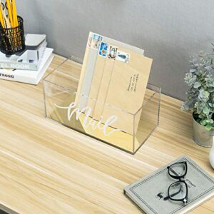 MyGift Clear Acrylic Tabletop Mail Organizer Box with Letter Word Script Design and Gold Mirror Base
