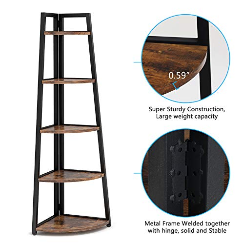 Tribesigns 70 inch Tall Corner Shelf, 5 Tier Rustic Corner Bookshelf Bookcase Industrial Corner Ladder Shelf Plant Stand for Living Room, Kitchen, Home Office (Brown)