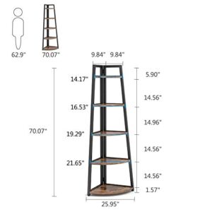 Tribesigns 70 inch Tall Corner Shelf, 5 Tier Rustic Corner Bookshelf Bookcase Industrial Corner Ladder Shelf Plant Stand for Living Room, Kitchen, Home Office (Brown)