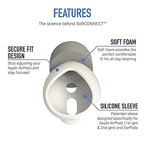 Comply SoftCONNECT Soft Foam Replacement Earphone Tips for Apple AirPods (Gen. 1 & 2), Apple Earpods, and Comparable Headphones (Large, 2 Pairs)