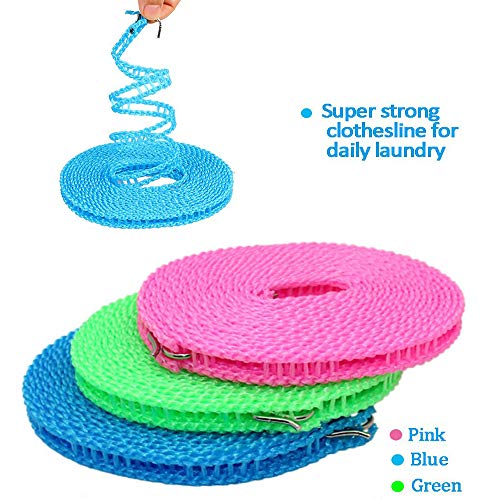 Foshine Clotheslines 3 Pack Blue Pink Green 1.64ft Length Camping Clothesline Clothes Drying Rope Portable Windproof Travel 5m Clothesline for Indoor Outdoor Laundry Windproof Clothes Line