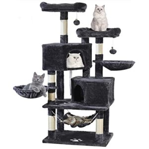 mq cat tree cat tower 57in multi-level cat scratching post with condos, basket, hammock & plush perches for kittens, large cats, smoky gray