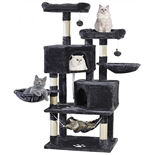 MQ Cat Tree Cat Tower 57in Multi-Level Cat Scratching Post with Condos, Basket, Hammock & Plush Perches for Kittens, Large Cats, Smoky Gray