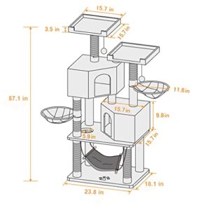 MQ Cat Tree Cat Tower 57in Multi-Level Cat Scratching Post with Condos, Basket, Hammock & Plush Perches for Kittens, Large Cats, Smoky Gray