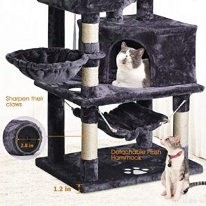 MQ Cat Tree Cat Tower 57in Multi-Level Cat Scratching Post with Condos, Basket, Hammock & Plush Perches for Kittens, Large Cats, Smoky Gray