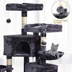 MQ Cat Tree Cat Tower 57in Multi-Level Cat Scratching Post with Condos, Basket, Hammock & Plush Perches for Kittens, Large Cats, Smoky Gray