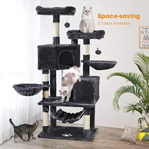 MQ Cat Tree Cat Tower 57in Multi-Level Cat Scratching Post with Condos, Basket, Hammock & Plush Perches for Kittens, Large Cats, Smoky Gray