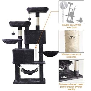 MQ Cat Tree Cat Tower 57in Multi-Level Cat Scratching Post with Condos, Basket, Hammock & Plush Perches for Kittens, Large Cats, Smoky Gray