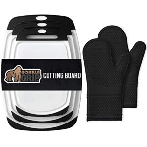 gorilla grip cutting board set of 3 of and silicone oven mitts set of 2, black cutting boards are dishwasher safe, black silicone oven mitts are waterproof, 2 item bundle