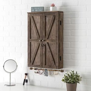 Large Rustic Wall Mounted Jewelry Organizer with Wooden Barndoor Decor. Jewelry holder for Necklaces, Earings, Bracelets, Ring Holder, and Accessories. Includes built-in mirror (Brown).