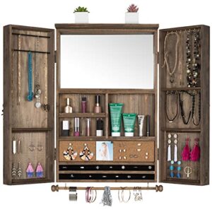 large rustic wall mounted jewelry organizer with wooden barndoor decor. jewelry holder for necklaces, earings, bracelets, ring holder, and accessories. includes built-in mirror (brown).