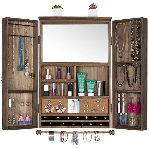 Large Rustic Wall Mounted Jewelry Organizer with Wooden Barndoor Decor. Jewelry holder for Necklaces, Earings, Bracelets, Ring Holder, and Accessories. Includes built-in mirror (Brown).