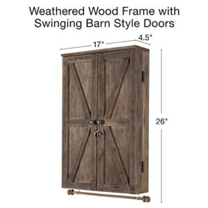 Large Rustic Wall Mounted Jewelry Organizer with Wooden Barndoor Decor. Jewelry holder for Necklaces, Earings, Bracelets, Ring Holder, and Accessories. Includes built-in mirror (Brown).