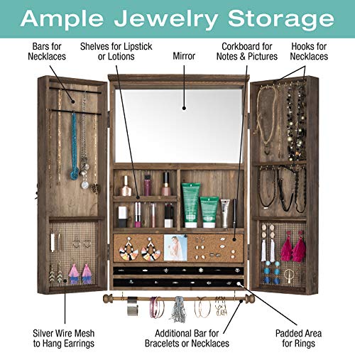 Large Rustic Wall Mounted Jewelry Organizer with Wooden Barndoor Decor. Jewelry holder for Necklaces, Earings, Bracelets, Ring Holder, and Accessories. Includes built-in mirror (Brown).