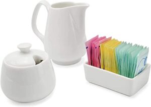 darware sugar and creamer set - 3-piece set w/cream pitcher, sugar bowl, sweetener packet holder, white ceramic tea/coffee set