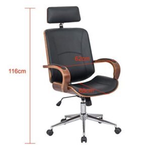 IDS Home Modern High Back Walnut Wood Office Chair with PU Leather Curved Ergonomic Bentwood Seat Swivel, Executive Wheels, Headrest Lumbar Support, Height Adjustment - Black