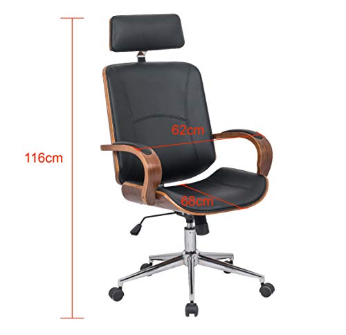 IDS Home Modern High Back Walnut Wood Office Chair with PU Leather Curved Ergonomic Bentwood Seat Swivel, Executive Wheels, Headrest Lumbar Support, Height Adjustment - Black