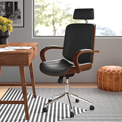 IDS Home Modern High Back Walnut Wood Office Chair with PU Leather Curved Ergonomic Bentwood Seat Swivel, Executive Wheels, Headrest Lumbar Support, Height Adjustment - Black