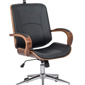 IDS Home Modern High Back Walnut Wood Office Chair with PU Leather Curved Ergonomic Bentwood Seat Swivel, Executive Wheels, Headrest Lumbar Support, Height Adjustment - Black