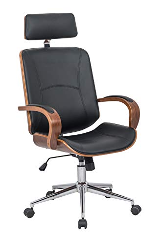 IDS Home Modern High Back Walnut Wood Office Chair with PU Leather Curved Ergonomic Bentwood Seat Swivel, Executive Wheels, Headrest Lumbar Support, Height Adjustment - Black