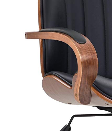 IDS Home Modern High Back Walnut Wood Office Chair with PU Leather Curved Ergonomic Bentwood Seat Swivel, Executive Wheels, Headrest Lumbar Support, Height Adjustment - Black