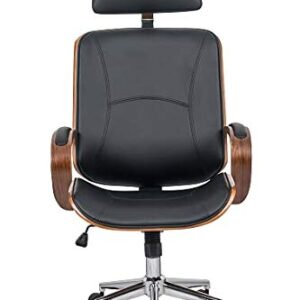 IDS Home Modern High Back Walnut Wood Office Chair with PU Leather Curved Ergonomic Bentwood Seat Swivel, Executive Wheels, Headrest Lumbar Support, Height Adjustment - Black