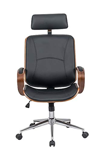 IDS Home Modern High Back Walnut Wood Office Chair with PU Leather Curved Ergonomic Bentwood Seat Swivel, Executive Wheels, Headrest Lumbar Support, Height Adjustment - Black