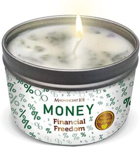 magnificent 101 money financial freedom aromatherapy candle − clove, cinnamon, citronella scented natural soybean wax tin candle for purification and chakra healing