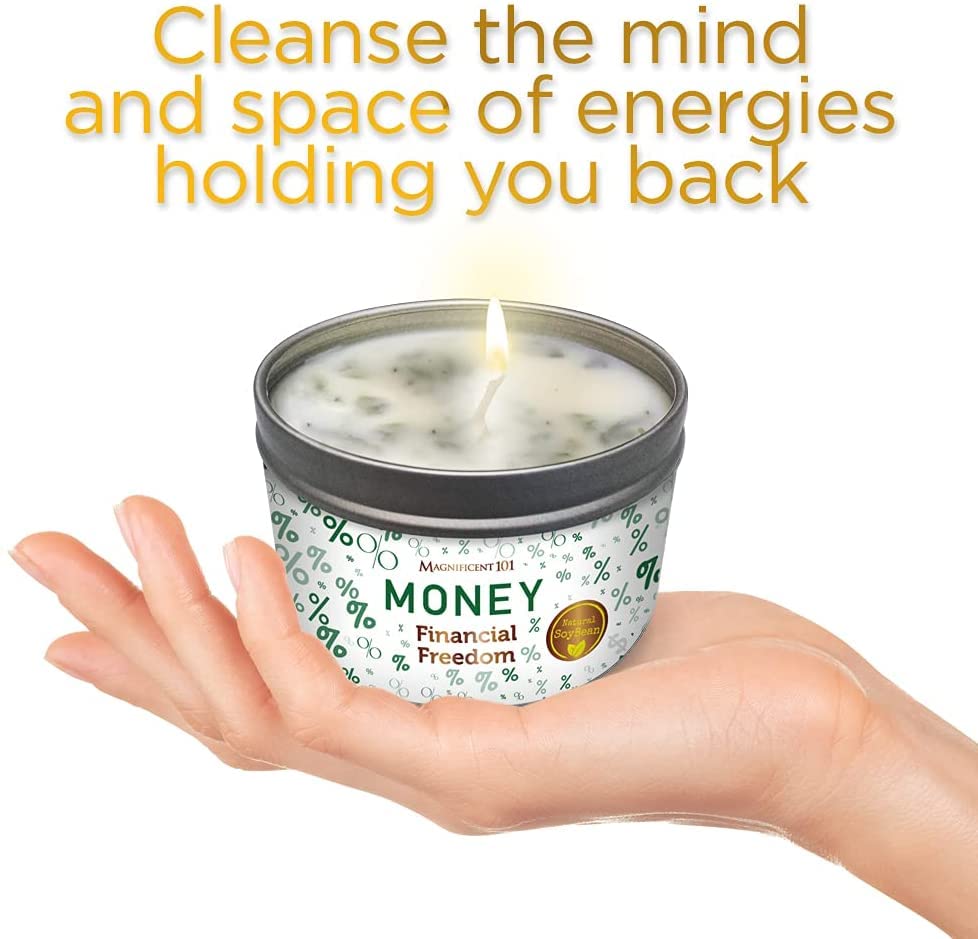 MAGNIFICENT 101 Money Financial Freedom Aromatherapy Candle − Clove, Cinnamon, Citronella Scented Natural Soybean Wax Tin Candle for Purification and Chakra Healing