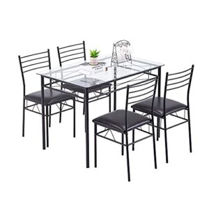 mtfy 5 piece dining room table set, modern metal dining table set for 4, kitchen tempered glass table with 4 leather chairs, dining set of 4 for kitchen dining room (black)