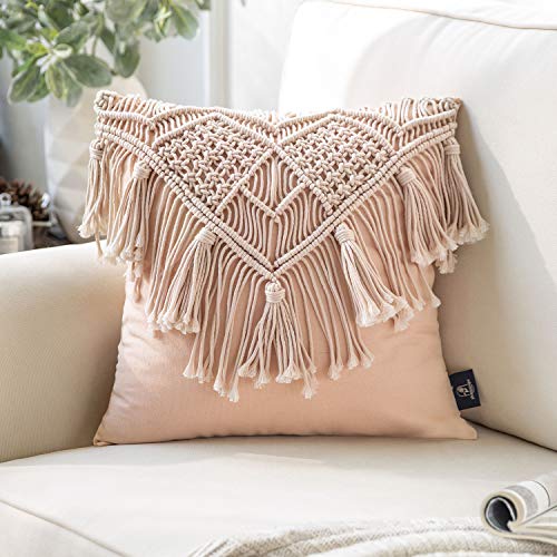 Phantoscope 100% Cotton Handmade Crochet Woven Boho Throw Pillow Farmhouse Pillow Insert Included Decorative Cushion for Couch Sofa Pink 18 x 18 inches